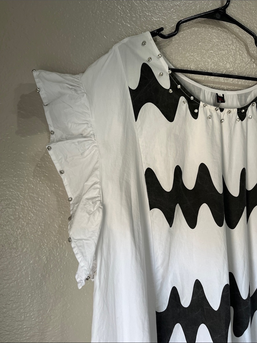 N By Nance White Tunic Dress Black Wave Print and Ruffle Sleeves Sz XL TC0344 - Picture 4 of 9